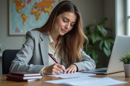 Jeune femme remplissant un formulaire de visa au bureau