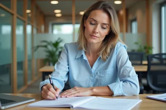 Femme d'âge moyen remplissant un formulaire de visa médical au bureau