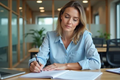Femme d'âge moyen remplissant un formulaire de visa médical au bureau