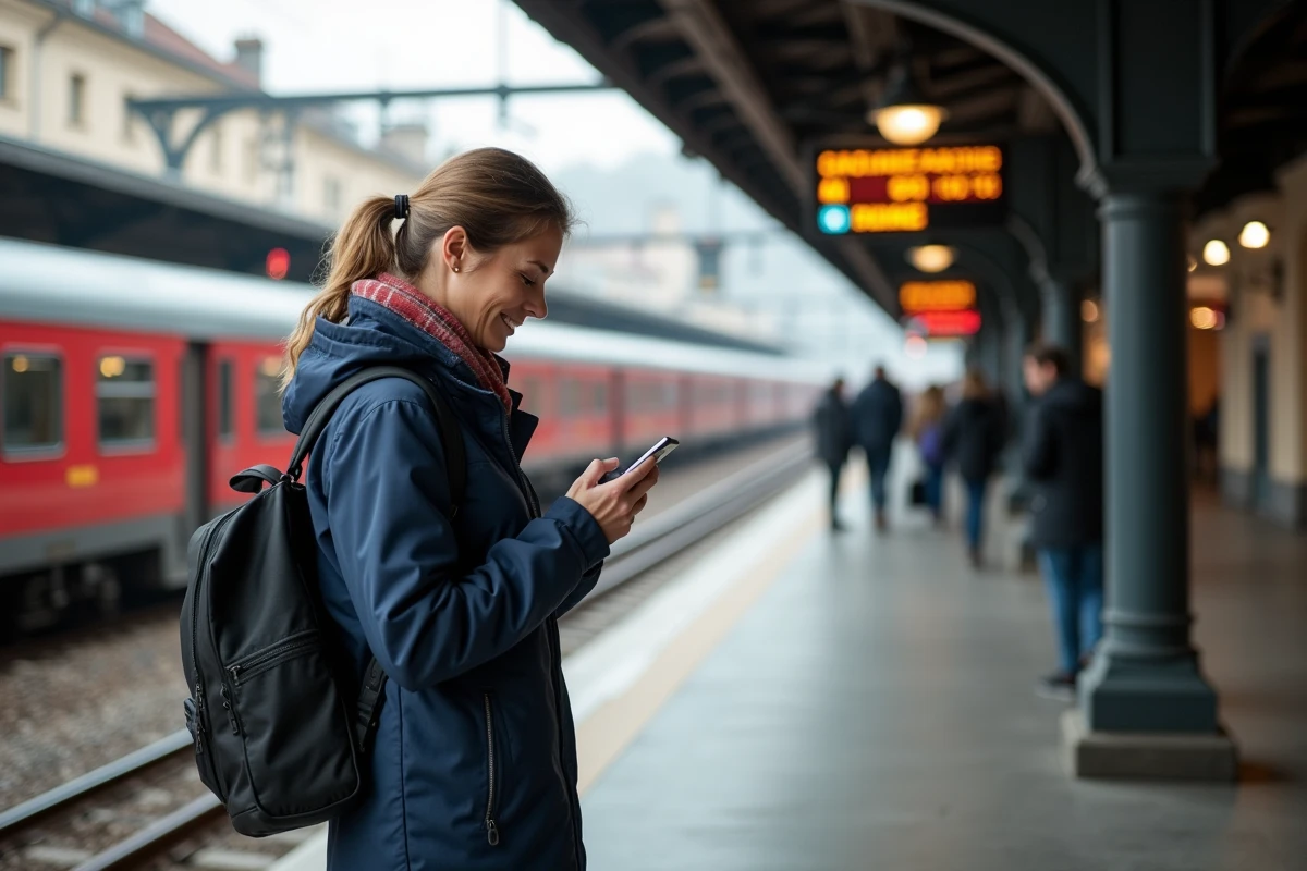 Femme voyageant en train en Europe consulte son smartphone