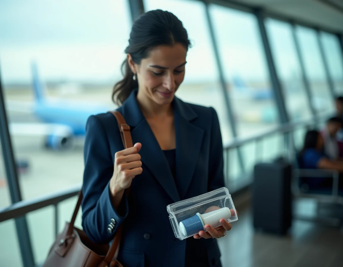 Femme voyageuse inspectant une trousse de rasage manuelle dans un salon d'aéroport