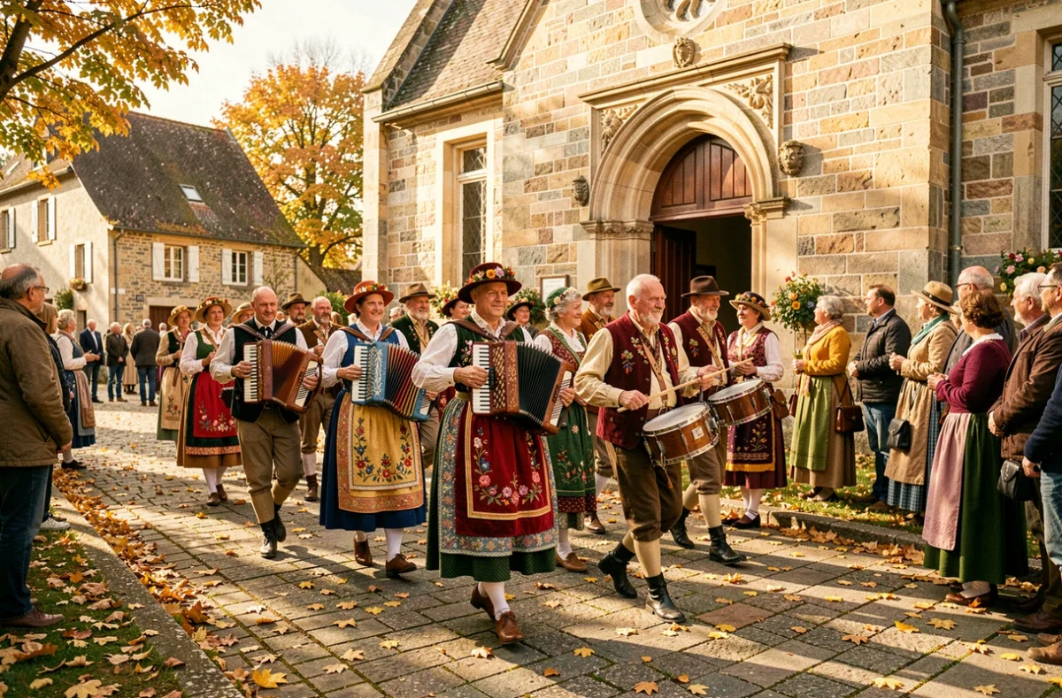 Cortège folklorique alsacien avec musiciens en costume traditionnel devant une église romane en automne dans un village du Bas-Rhin