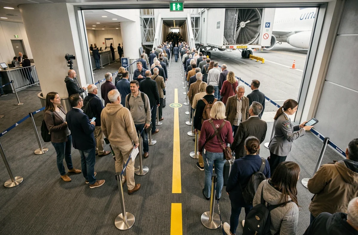 File d'attente embarquement prioritaire avec agent de bord Volotea scannant les cartes d'embarquement à la passerelle
