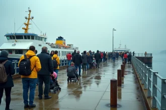 File de passagers attendant le ferry Groix-Lorient sur le quai du port un week-end matin