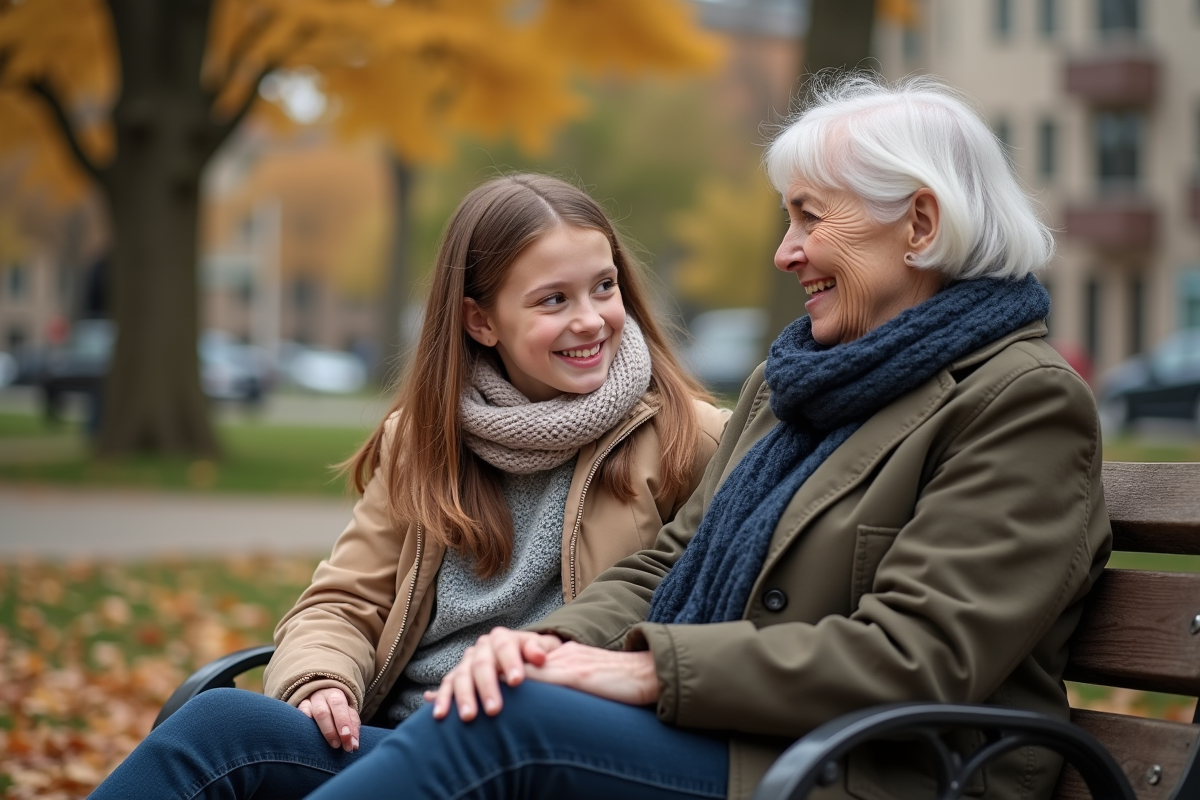 Jeune fille et femme âgée discutant dans un parc urbain