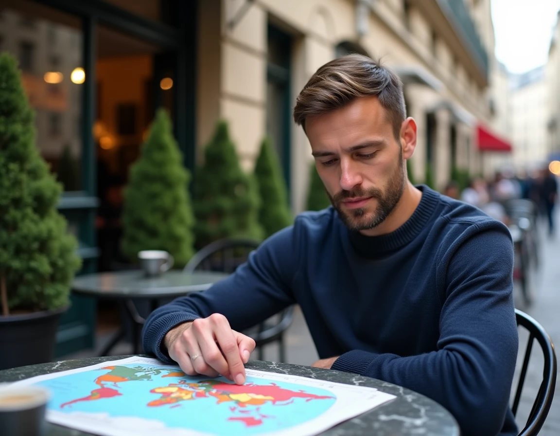 Homme consultant une carte des fuseaux horaires à une terrasse de café parisien pour calculer l'heure à Bali