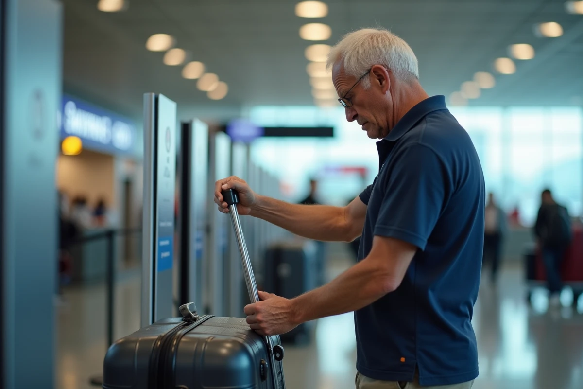 Homme vérifiant les dimensions de sa valise cabine dans un gabarit de mesure à l'aéroport