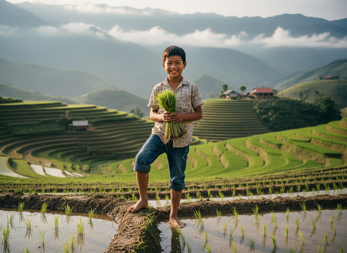 Jeune garçon vietnamien dans un champ de riz en terrasses