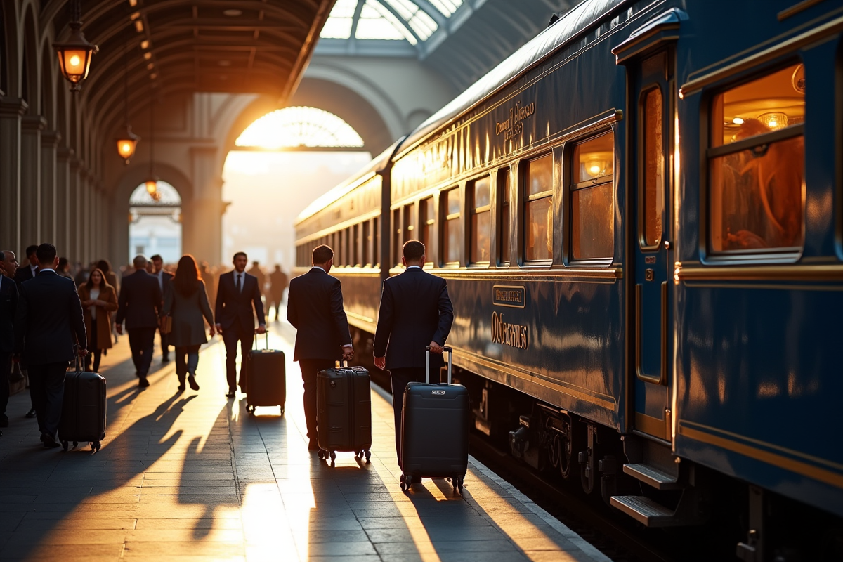Extérieur du train Orient Express à la gare avec passagers et personnel