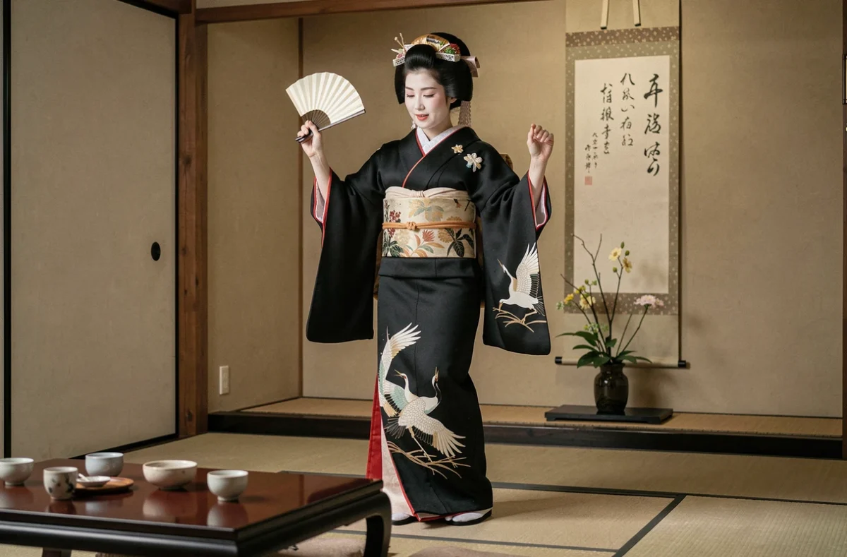 Geisha en kimono tomesode noir dansant avec un éventail dans un salon de thé ochaya avec décoration japonaise traditionnelle