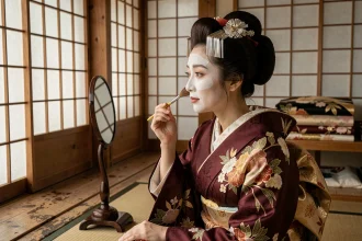 Geisha japonaise en kimono traditionnel brodé appliquant le maquillage blanc oshiroi devant un miroir laqué dans une okiya de Kyoto
