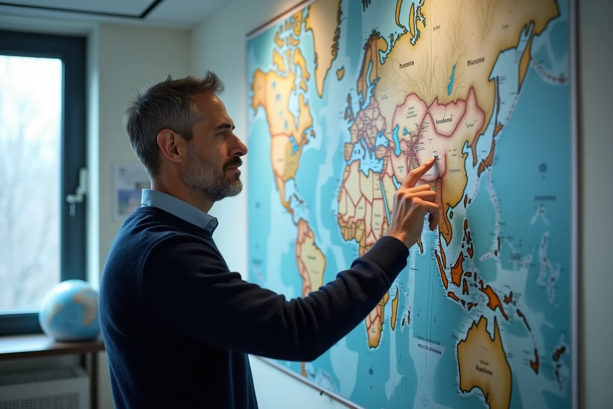 Géographe pointant les routes maritimes arctiques sur une grande carte murale détaillée du Groenland dans un bureau universitaire