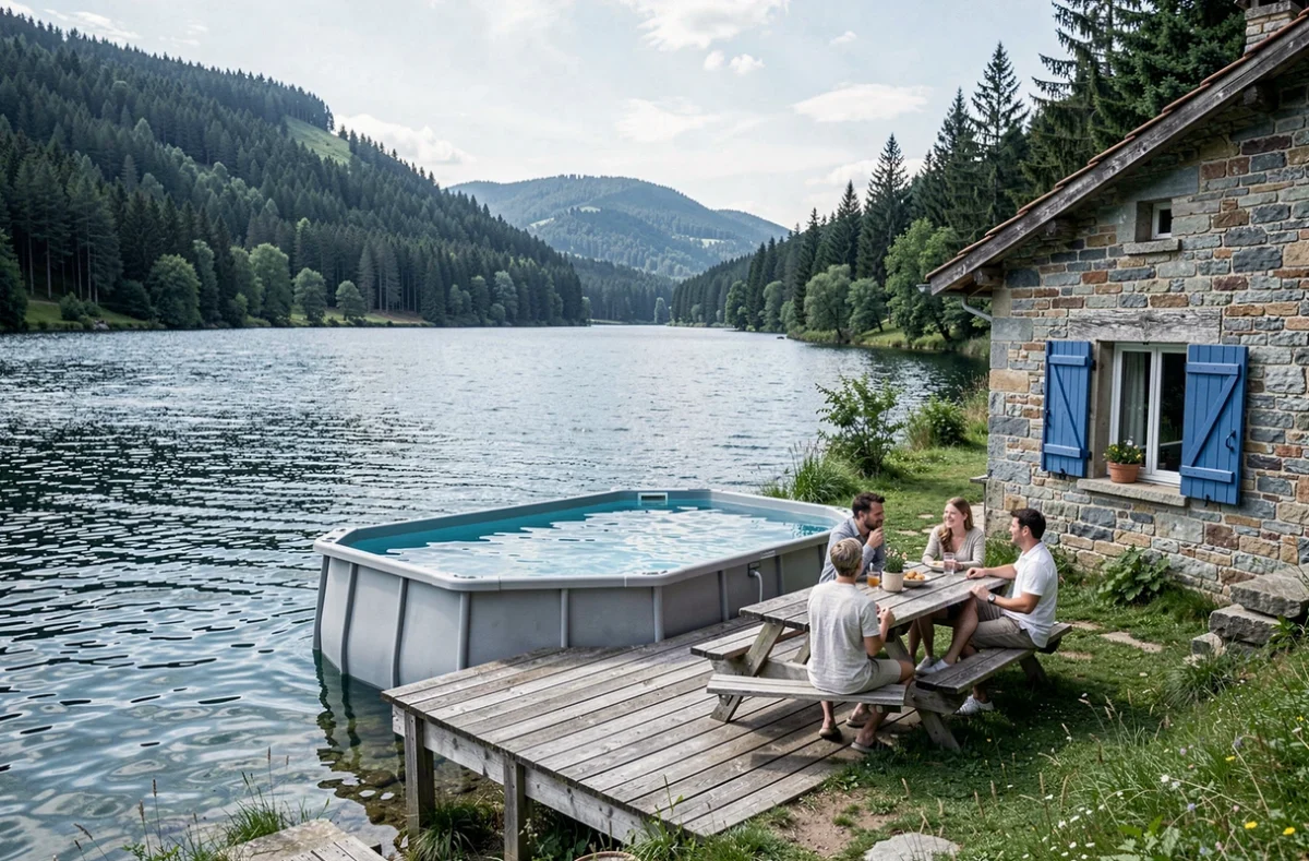 Gîte du Lac de Pareloup en Aveyron avec piscine privée sur la rive du lac entouré de collines boisées