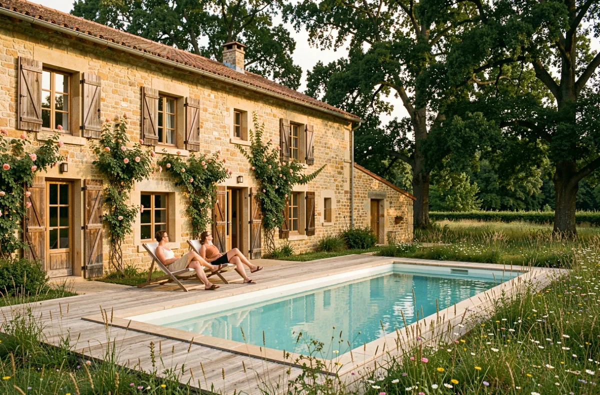 Grange de la Vilandié à Mailhoc avec sa piscine extérieure en bois entourée de chênes et de prairies fleuries