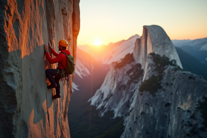 Grimpeur escaladant El Capitan au Yosemite au coucher du soleil