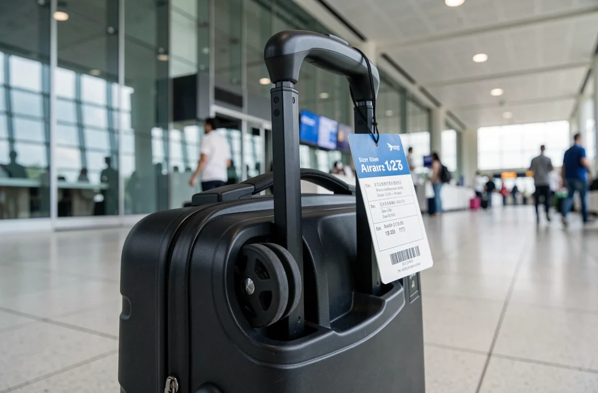 Gros plan sur roues et poignée télescopique d'une valise cabine jump noire en aéroport, détails de qualité et étiquette de conformité bagages