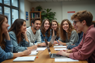 Groupe d'étudiants en classe de langue souriants