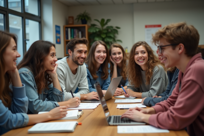 Groupe d'étudiants en classe de langue souriants