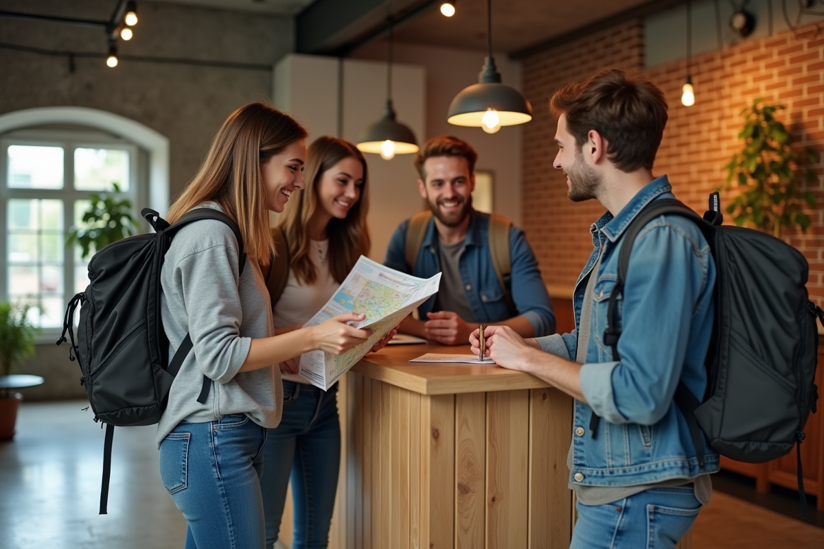 Groupe de jeunes adultes souriants à la réception d'un hostel moderne
