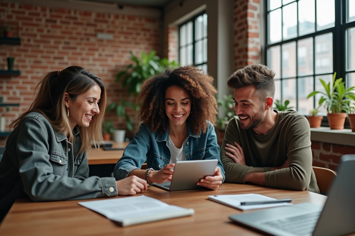 Groupe de nomades numériques collaborant autour d'un plan de données eSIM dans un espace de coworking en loft urbain moderne