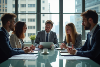 Groupe de jeunes professionnels en réunion dans un bureau moderne