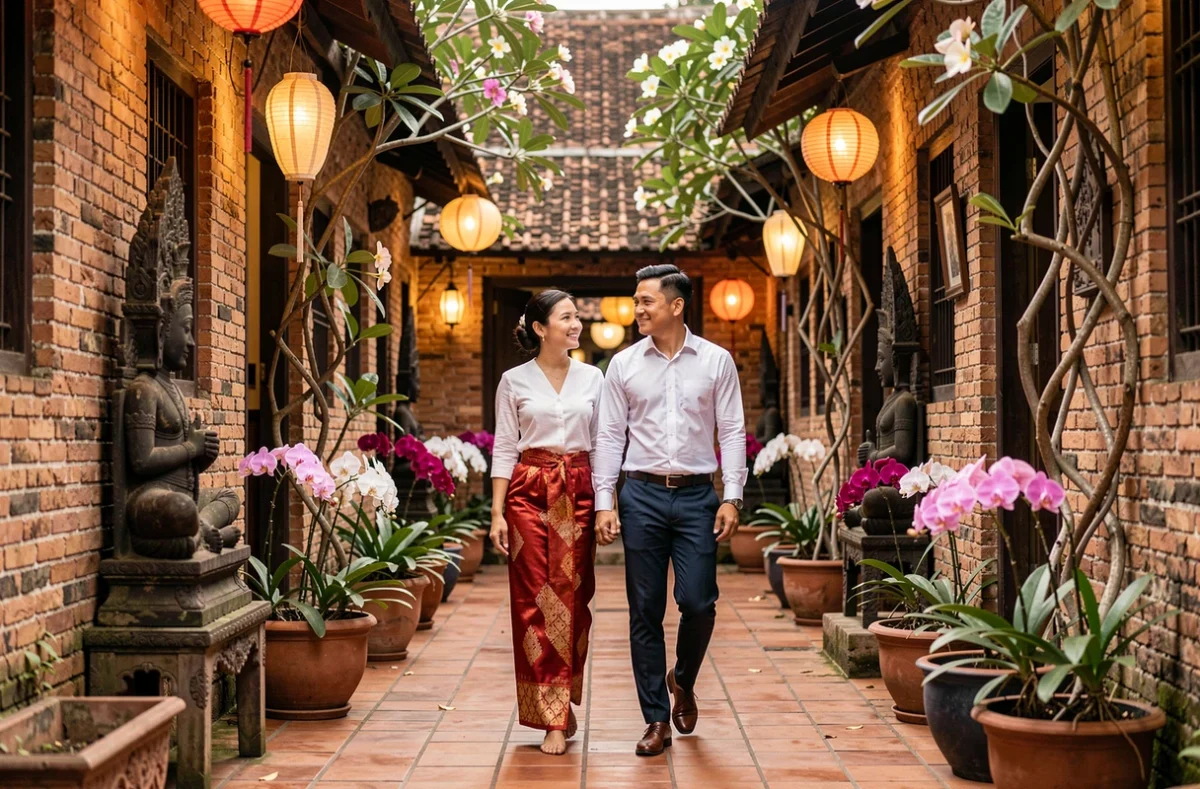 Couple se promenant dans la cour romantique d'un guesthouse colonial à Siem Reap au Cambodge