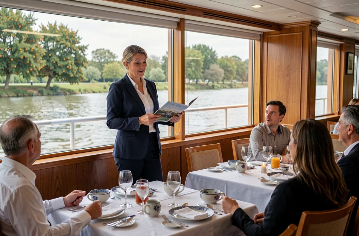 Guide touristique présentant l'itinéraire de croisière fluviale aux passagers dans le salon du bateau en Andalousie