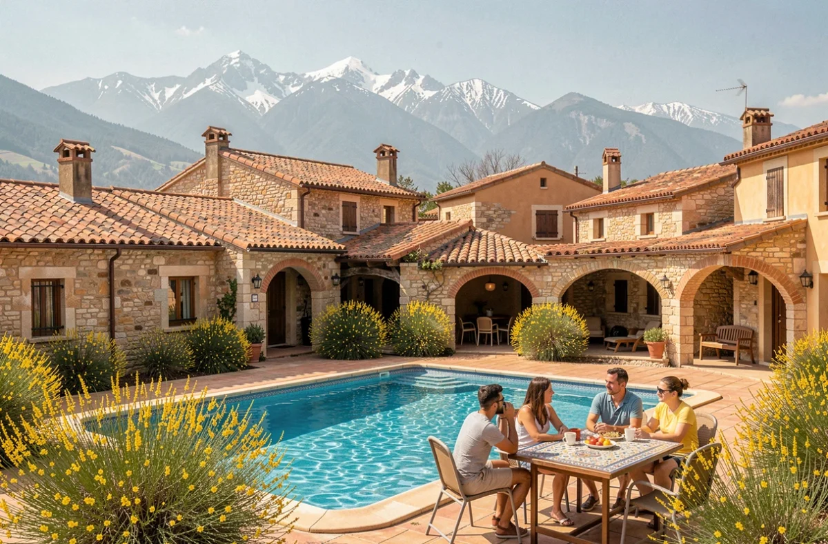 Le Hameau des Genêts dans les Pyrénées-Orientales avec piscine partagée entre cottages en pierre et vue sur les sommets enneigés