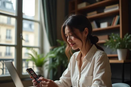 Jeune femme parisienne consultant l'heure à Bali sur son smartphone depuis un appartement haussmannien