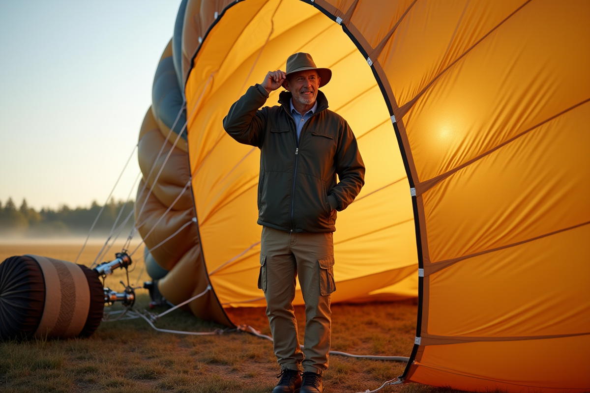 Homme ajustant son chapeau et veste près du ballon au sol