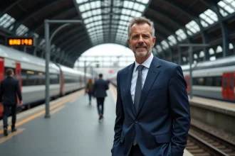Homme d'affaires en costume sur une plateforme de train européen