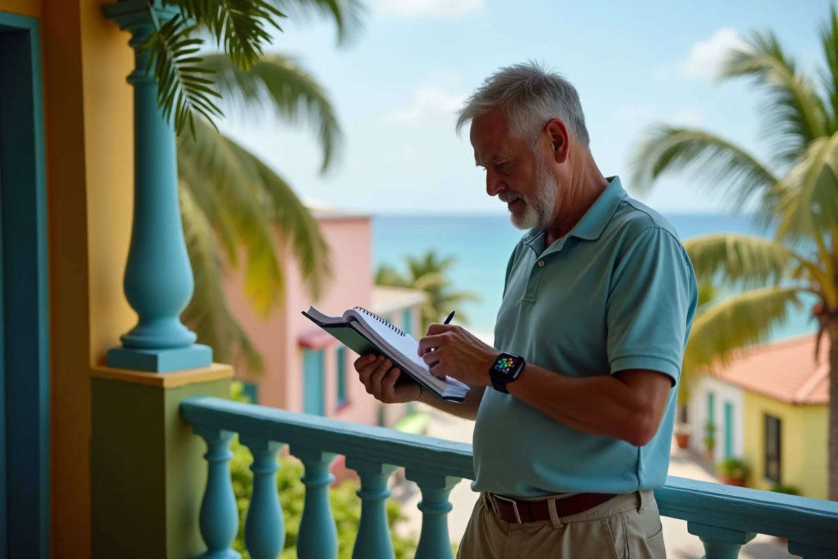 Homme sur un balcon tropical en Martinique