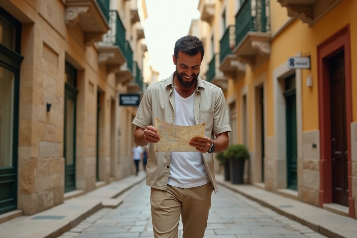 Homme consultant une carte dans une rue typique de La Valette avec balcons maltais traditionnels