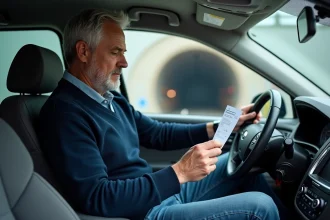 Homme vérifiant son ticket Eurotunnel dans une voiture moderne
