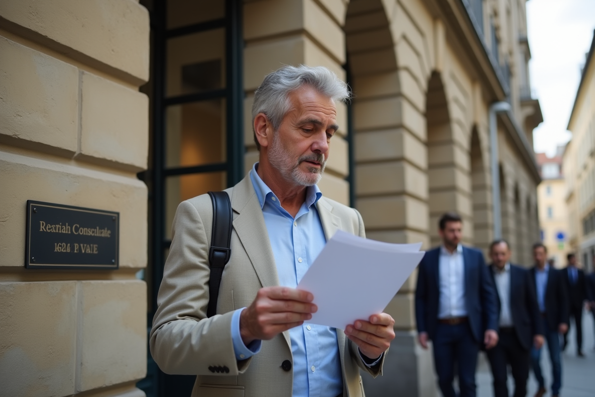 Homme attendant devant le consulat français avec une lettre