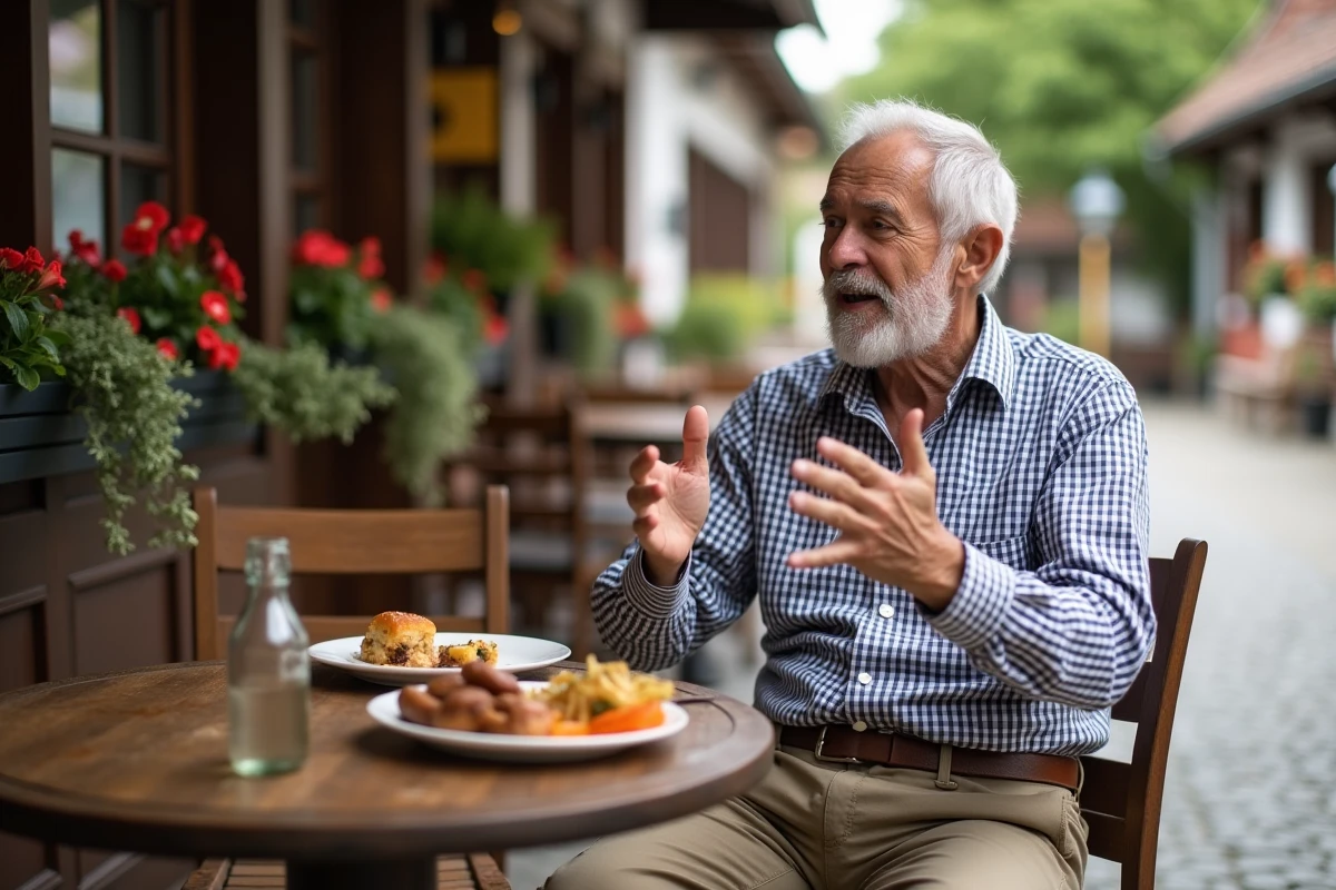 Homme âgé discutant devant une auberge bavaroise