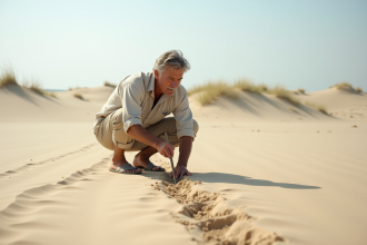 Homme dessinant un tracé dans le sable sur la plage