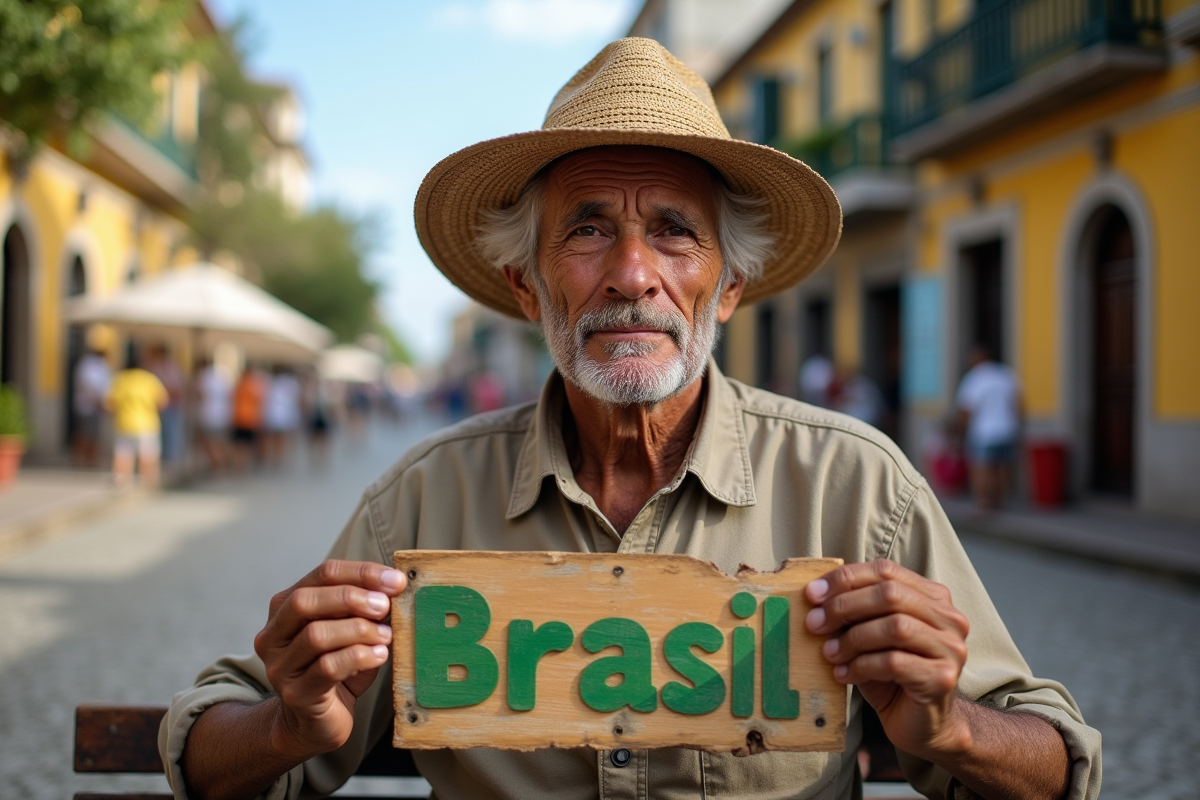 Homme brésilien âgé tenant un panneau Brasil dans une place animée