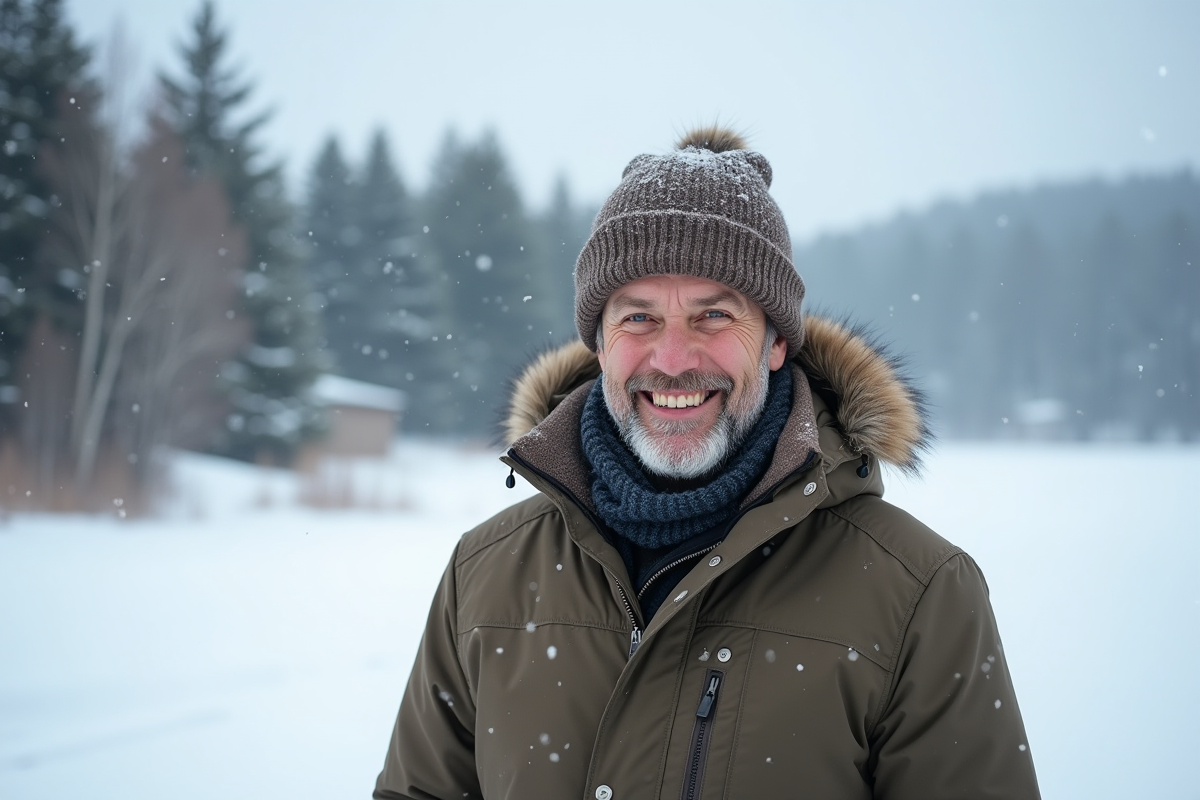 Homme souriant en parka dans la neige au Quebec
