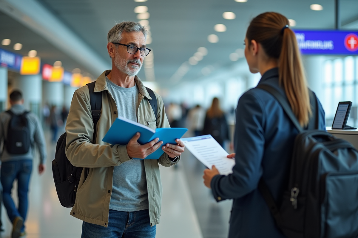 Homme parlant avec un agent à un comptoir d