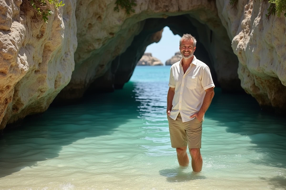 Homme en linen dans une crique rocheuse de Zakynthos