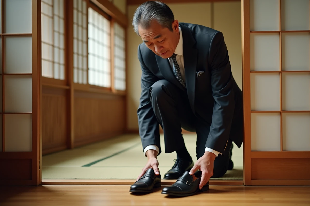 Homme japonais d affaires en intérieur remettant ses chaussures