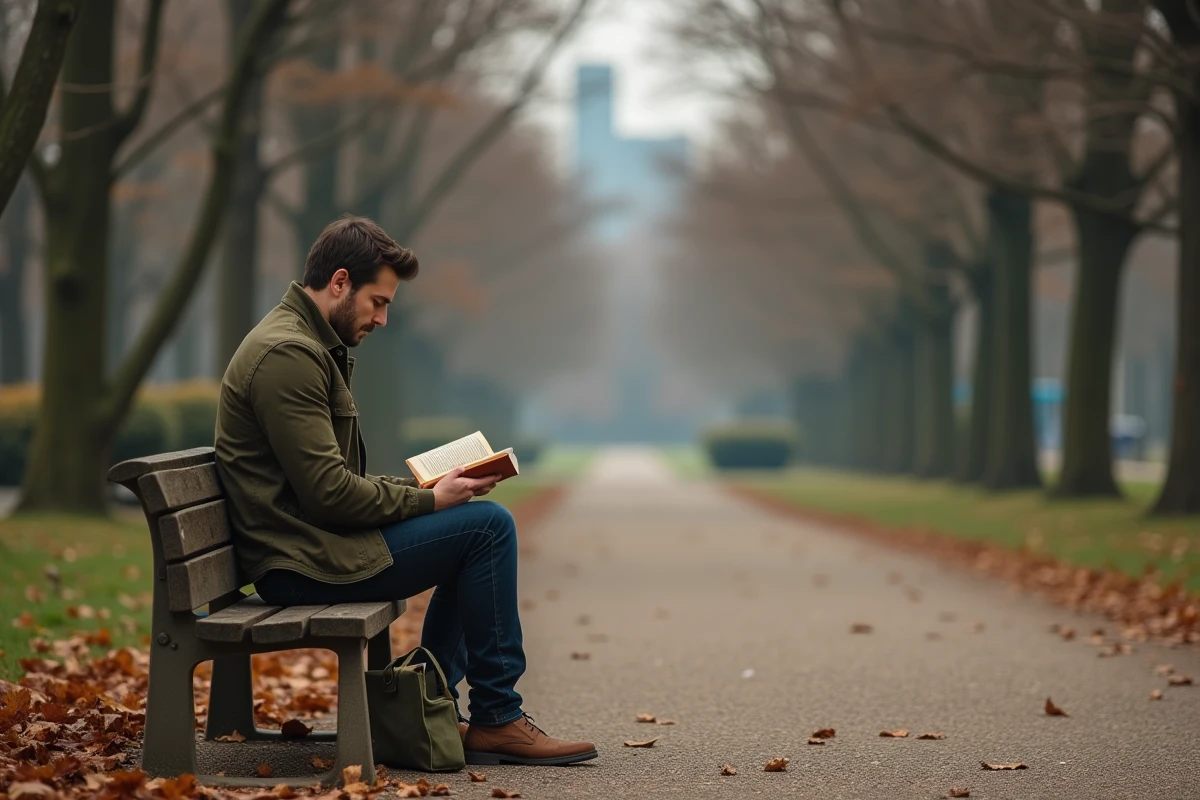 Homme lisant un livre sur un banc dans un parc urbain en automne, bulle de calme en pleine ville