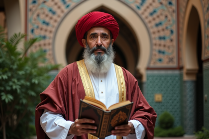 Homme marocain en djellaba et fez ancien livre dans medina