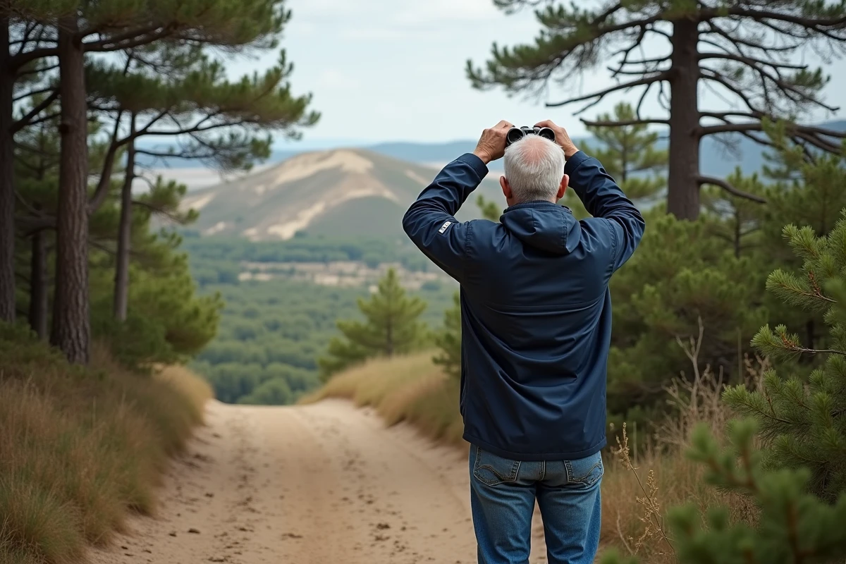 Homme avec jumelles observant la dune du Pilat dans la forêt