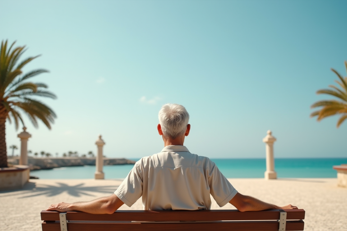 Homme âgé assis sur un banc face à la mer en bord de plage