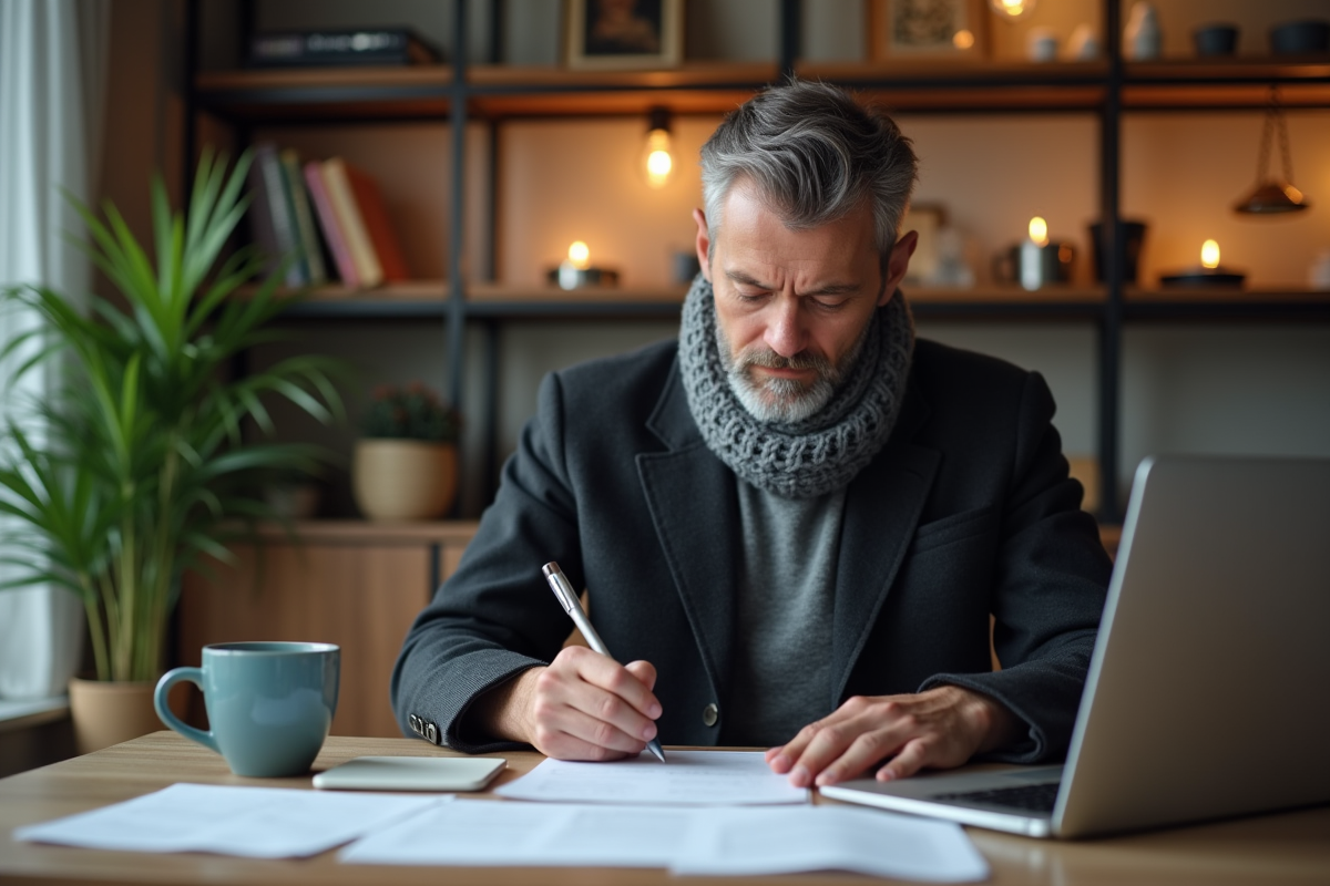 Homme concentré remplissant formulaire de passeport à la maison