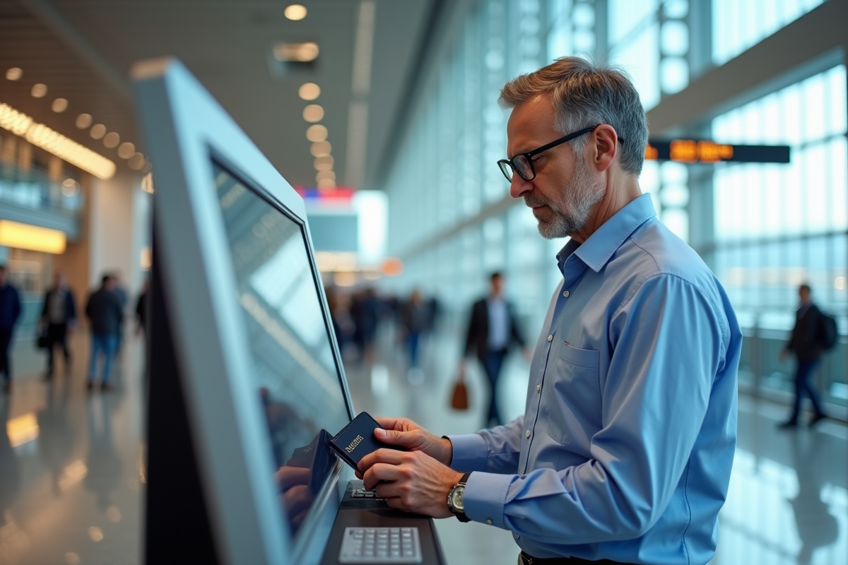 Homme d age au kiosque d enregistrement aéroport