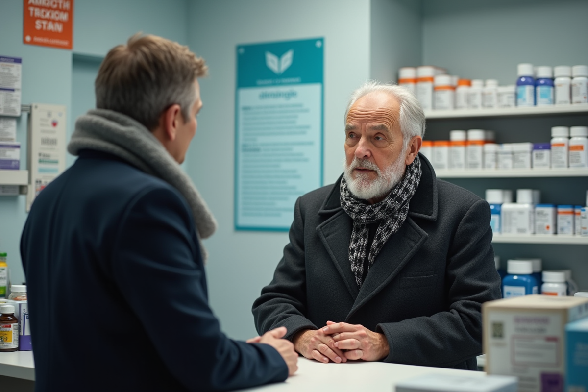 Homme âgé parlant avec un pharmacien au comptoir