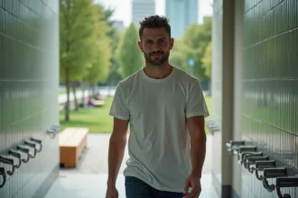 Homme détendu sortant d'une douche urbaine dans un parc